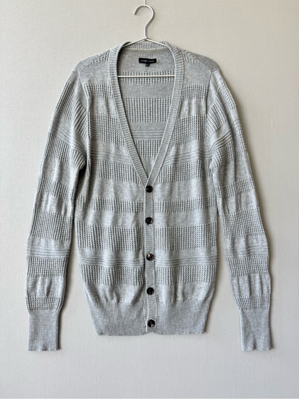 Wings + Horns Light Gray Soft Cotton V-Neck Cardigan with textured Knit - Size M